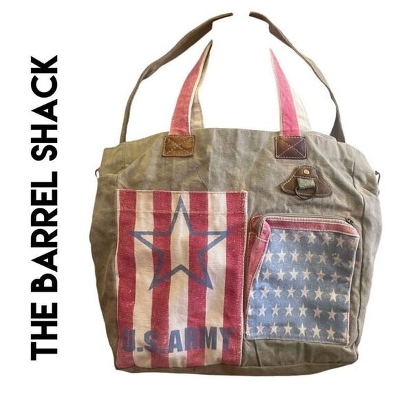 The Barrel Shack Leather Recycled Canvas Tote Patriotic One Size-NWOT - Picture 1 of 16